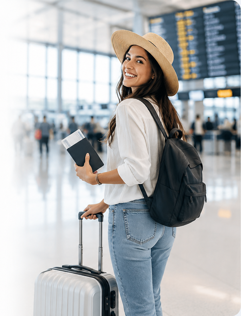 Smiling traveler at the airport holding travel documents